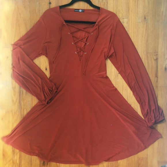 Boohoo Dresses & Skirts - Long Sleeve Lace Up Skater Dress
